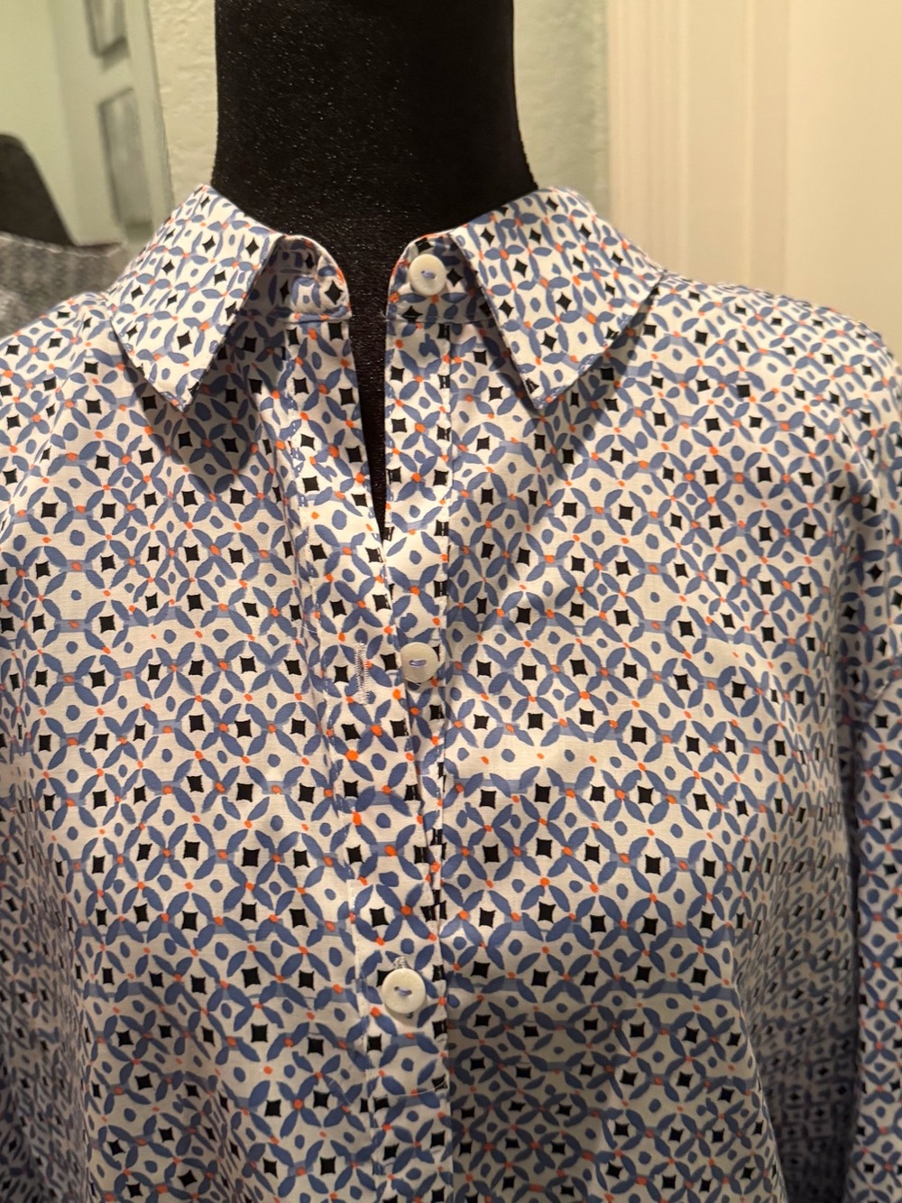Foxcroft Blue and White Geometric Button-Down Shirt with Pink Cuffs